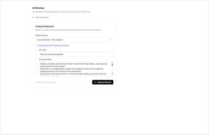 AI Review page showing resume selection dropdown, job title input, and job description for targeted analysis
