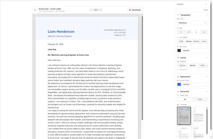 Cover letter preview with design panel showing typography, layout, and template customization