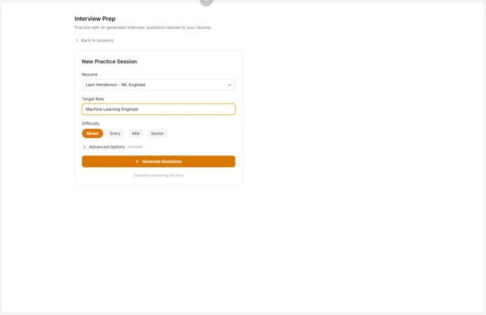 New practice session form with resume selection, target role, difficulty level, and Generate Questions button