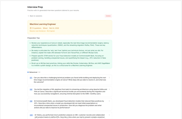 Generated interview questions with preparation tips and behavioral questions categorized by type