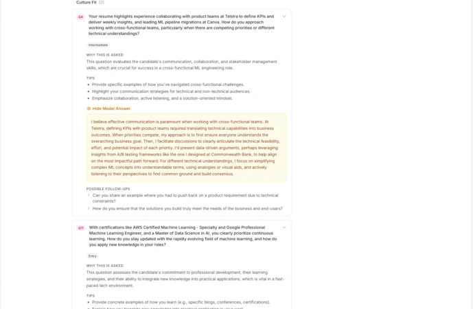 Expanded interview question with model answer, tips, why it's asked explanation, and follow-up questions