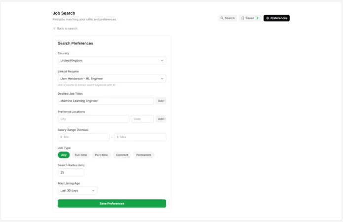 Job search preferences showing country, linked resume, desired job titles, locations, and filters