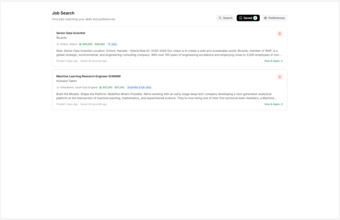 Saved jobs list showing bookmarked positions with salary, location, and View & Apply links