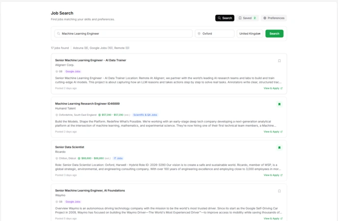Job search results showing listings with search bar, location filter, and View & Apply buttons