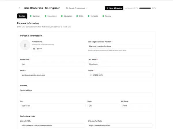 Resume builder form showing personal information fields, contact details, and professional links