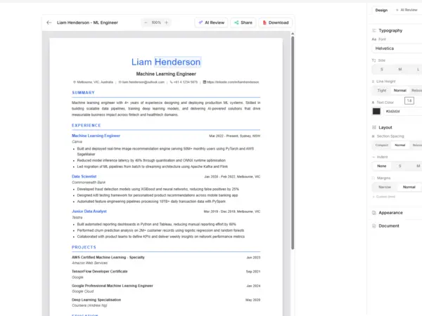 Resume preview with design panel showing typography, layout, and appearance customization options