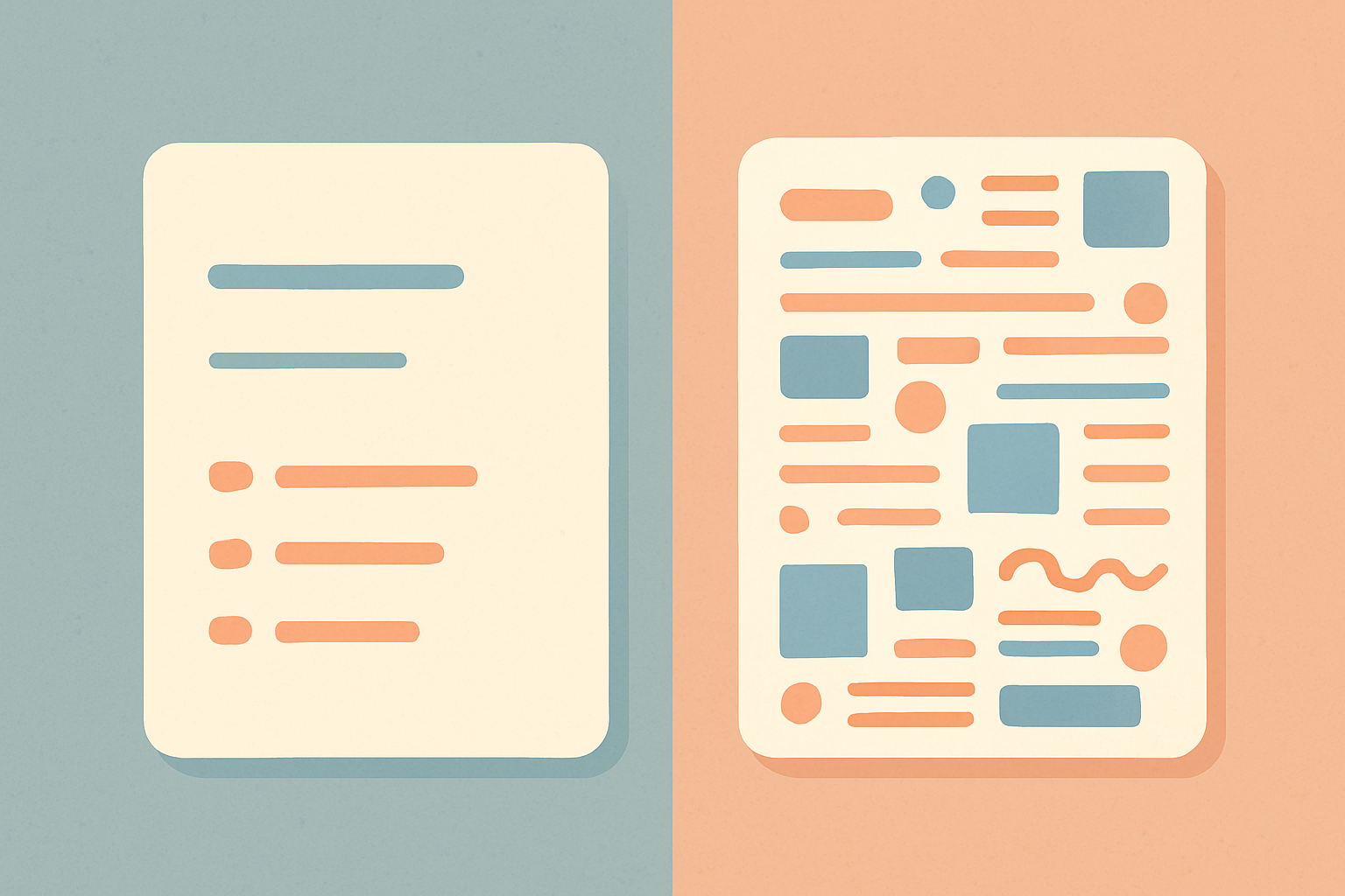 Two abstract document shapes contrasting a design-led layout against a clean ATS-parseable layout