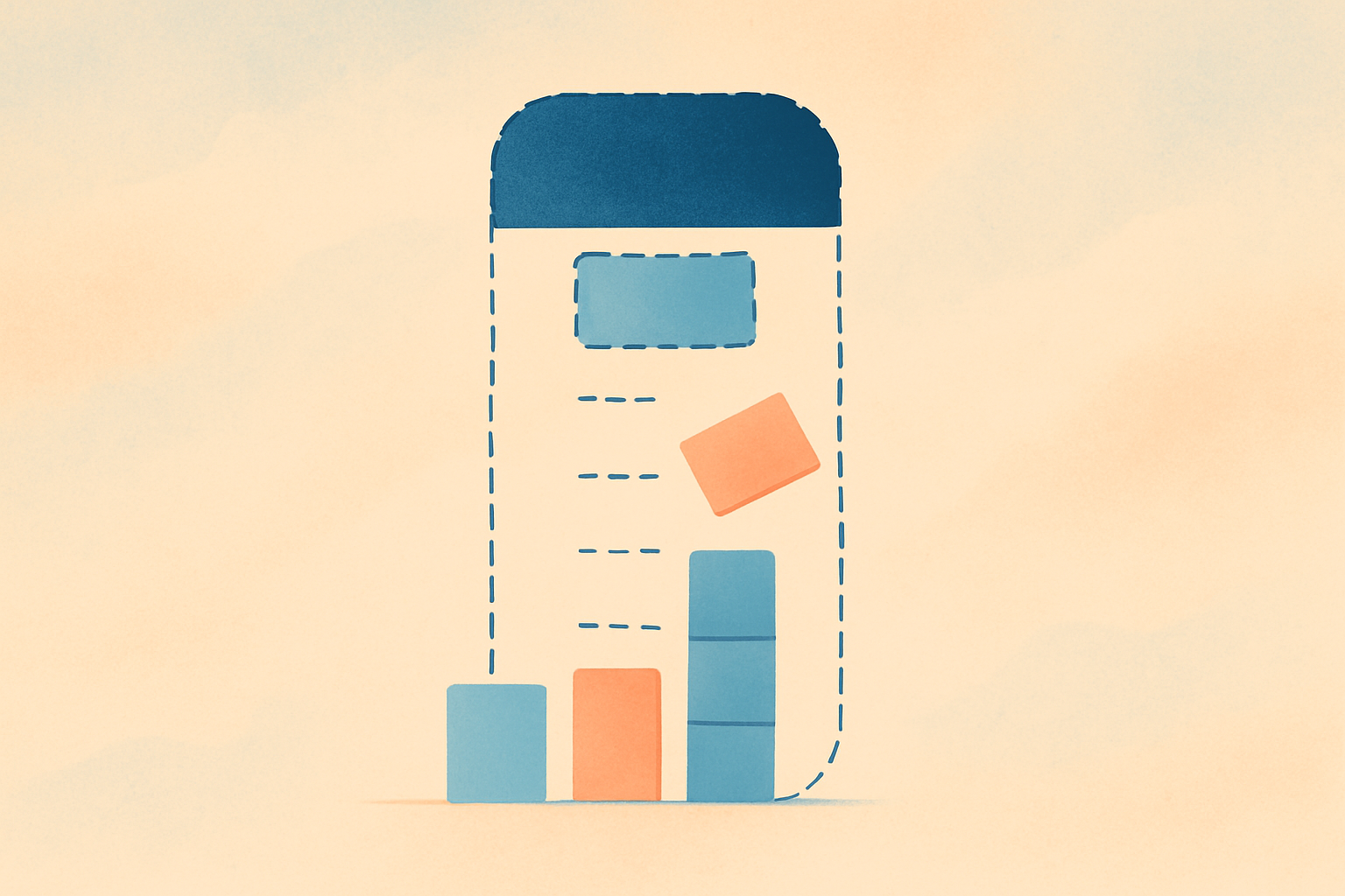 Abstract dashed blueprint frame of a document with fresh solid blocks rising into place, representing a graduate resume template