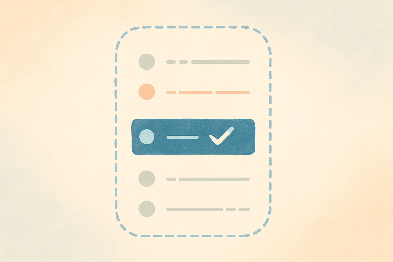 Abstract dashed document frame with rows and small check dots beside them, one row highlighted, representing a resume checklist